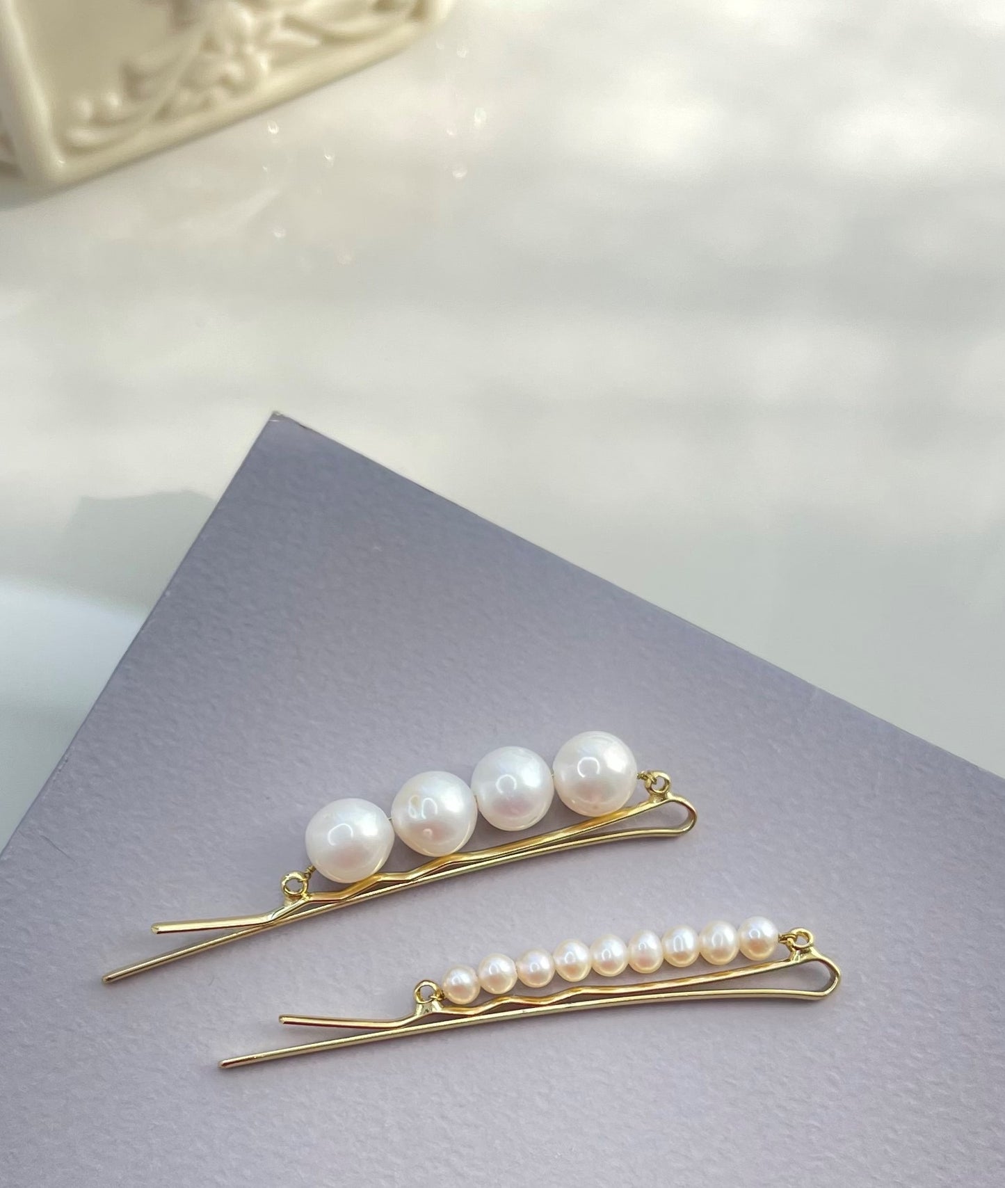 Vintage pearl hair pins, a set of 2 minimalist barrette